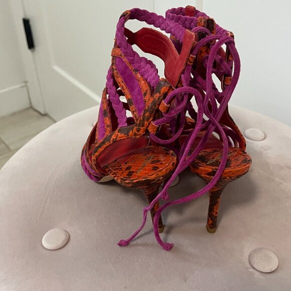 Brian Atwood Leather Braided Snake Print Gladiator Heels Size 5 - Picture 3 of 5